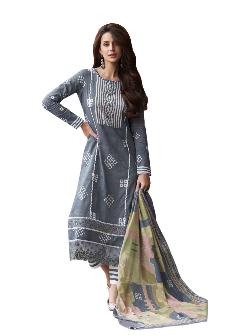 DRAVINAM Trends Women Pure Lawn Camric Digital Print Heavy Shifli Lace and Daman Heavy Embroidery Unstitched Suit Dress Material with Cotton Dupatta