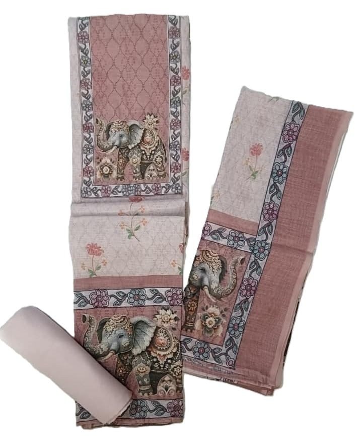 DRAVINAM Trends Digital Printed Aari Hand Work Pure Linen Dress Material | Unstitched Suit Set with Rayon Bottoms & Linen Dupatta for Women