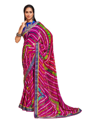 DRAVINAM Trends Women's Pure Georgette Lehriya Print Jaipuri Saree with Blouse Piece (Dark Red Peach and Yellow)