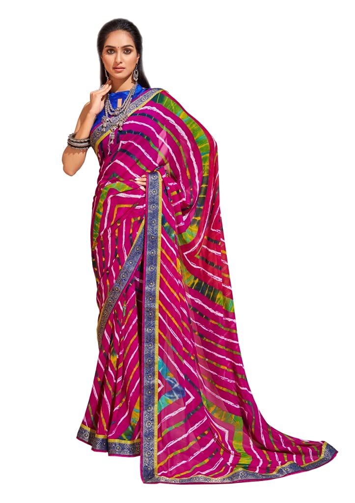 DRAVINAM Trends Women's Pure Georgette Lehriya Print Jaipuri Saree with Blouse Piece (Dark Red Peach and Yellow)