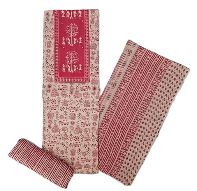 DRAVINAM Trends Women's Cambric Cotton Dress Material | Unstitch Warli Printed Suit Set with Cotton Dupatta