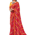 DRAVINAM Trends Women's Pure Georgette Lehriya Print Jaipuri Saree with Blouse Piece (Dark Red Peach and Yellow)
