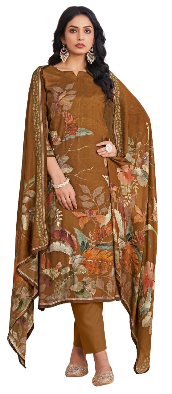 DRAVINAM Trends Women's Maslin Unstitch Suit Dress Material II Premium Pure Viscose Maslin Top Material with Heavy Handwork & Gota Detailing II Viscose Rayon Bottom II Digital Printed Maslin Dupatta