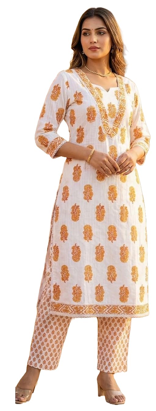 DRAVINAM Trends Women's Hand Embroidered Stitched Floral Printed Premium Cotton Kurta Pant Dupatta Suit Set (L / 40)