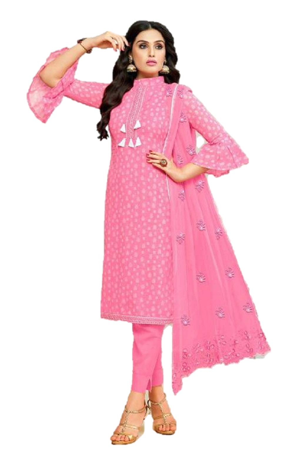 DRAVINAM Trends Women's Unstitched Cotton Printed Salwar Suit Dress Material with embroidered Nazmeen Dupatta (Free size_Light Orange)
