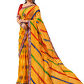 DRAVINAM Trends Women's Lehariya Printed Pure Georgette Jaipuri Saree with Blouse Piece (Mustard Yellow and Red)