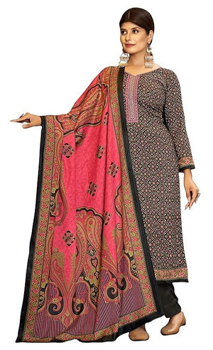DRAVINAM Trends Women's Spun Pashmina Embroidered Kashmiri Kaani Printed winter wear Salwar suit Dress Material with Spun Pashmina Kashmiri printed Shawl dupatta (Black)