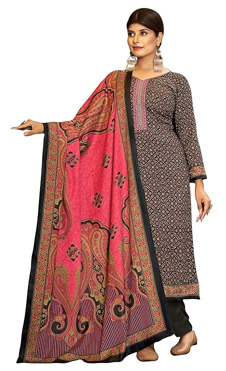 DRAVINAM Trends Women's Spun Pashmina Embroidered Kashmiri Kaani Printed winter wear Salwar suit Dress Material with Spun Pashmina Kashmiri printed Shawl dupatta (Black)