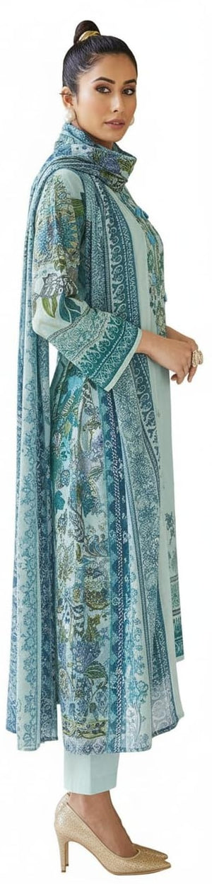 DRAVINAM Trends Printed Embroidered Pakistani Unstitched Pure Cotton Salwar Suit Dress Materials Fabric with Cotton Printed Dupatta for Women (Sky Blue)