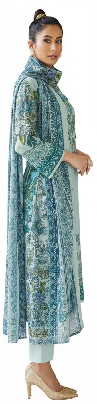 DRAVINAM Trends Printed Embroidered Pakistani Unstitched Pure Cotton Salwar Suit Dress Materials Fabric with Cotton Printed Dupatta for Women (Sky Blue)
