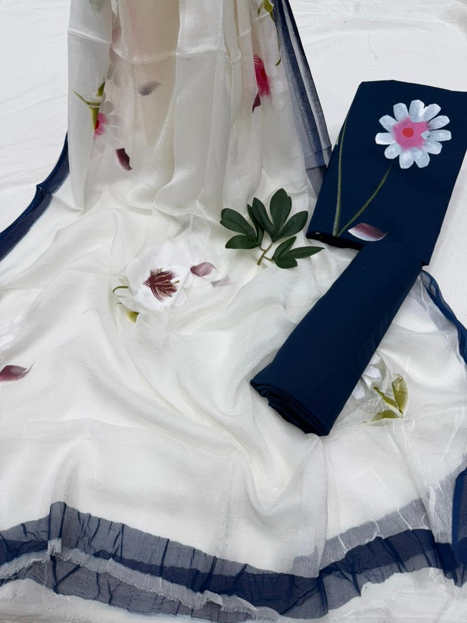 DRAVINAM Trends Women's Floral Hand Painted Unstitched Salwar Suit Dress Material with Pure Chiffon Dupatta (Blue & White)