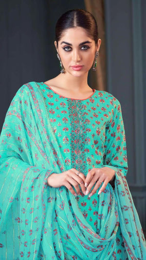 DRAVINAM Trends Women's Unstitched Salwar Suit Dress Material - Pure Viscose Rayon Foil Print Embroidered Kameez II Pure Rayon Bottom II Nazneen Chiffon Dupatta