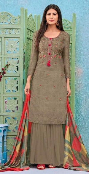 DRAVINAM Trends Women's Unstitched Pure Upada Silk embroidered Salwar Suit Dress Material with Chinon Dupatta (Free size_Grey)