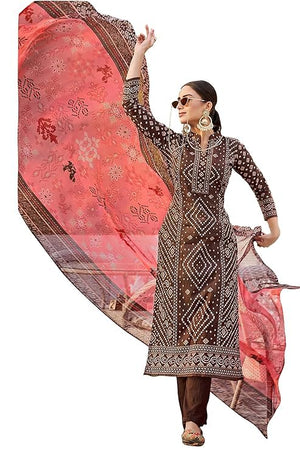 DRAVINAM Trends Women's Unstitched Salwar Suit Dress Material - Pure Cotton Print with Mirror Work Kameez | Plain Bottom |Chiffon Print Dupatta