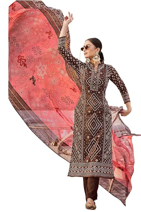 DRAVINAM Trends Women's Unstitched Salwar Suit Dress Material - Pure Cotton Print with Mirror Work Kameez | Plain Bottom |Chiffon Print Dupatta
