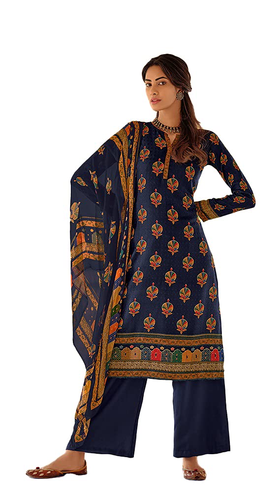 DRAVINAM Trends Women’s winter wear woollen Unstitched Salwar Suit dress material with printed bemberg chiffon Dupatta/Chunni (Free size_blue)