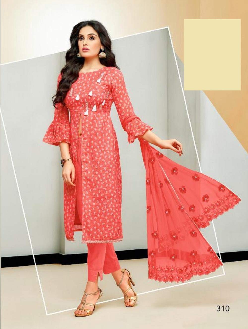 DRAVINAM Trends Women's Unstitched Cotton Printed Salwar Suit Dress Material with embroidered Nazmeen Dupatta (Free size_Light Orange)