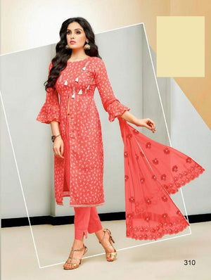 DRAVINAM Trends Women's Unstitched Cotton Printed Salwar Suit Dress Material with embroidered Nazmeen Dupatta (Free size_Light Orange)