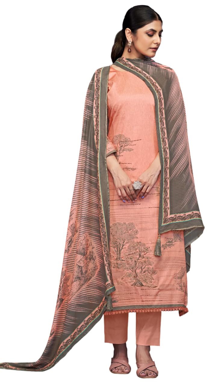 Women's Unstitch Premium Maslin Suit Dress Material II Digital Printed Pure Maslin Top Fabric with Hand work & Gota Detailing II Viscose Rayon Bottom II Digital Printed Viscose Maslin Dupatta