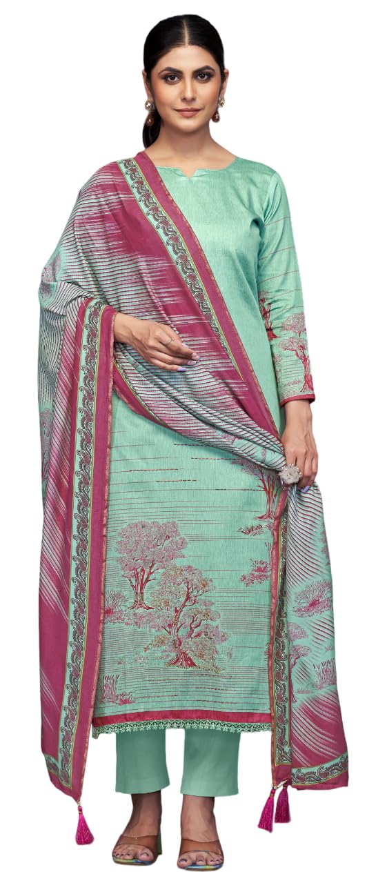 Women's Unstitch Premium Maslin Suit Dress Material II Digital Printed Pure Maslin Top Fabric with Hand work & Gota Detailing II Viscose Rayon Bottom II Digital Printed Viscose Maslin Dupatta