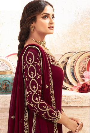 DRAVINAM Trends Women's Heavy Embroidered Pure Georgette Unstitched Chudidar Dress Material with Georgette Embroidered Dupatta (Free size_Maroon)(Pakistani Salwar Suit)