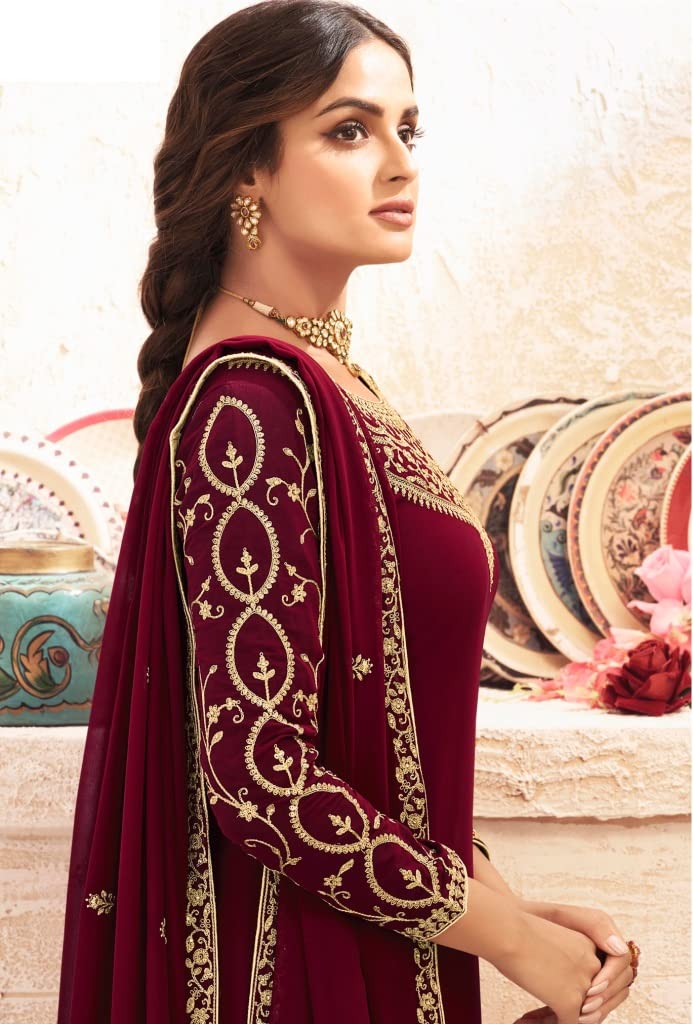 DRAVINAM Trends Women's Heavy Embroidered Pure Georgette Unstitched Chudidar Dress Material with Georgette Embroidered Dupatta (Free size_Maroon)(Pakistani Salwar Suit)