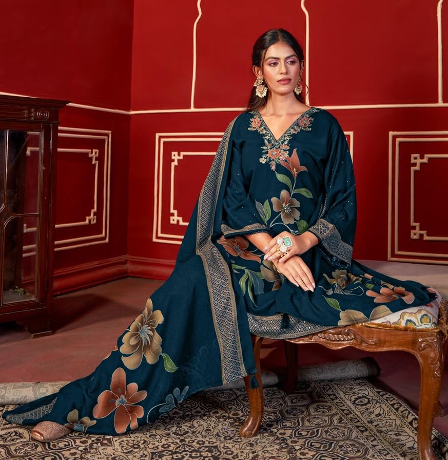 DRAVINAM Trends Women's Winter Wear Unstitched Digital Floral Printed Embroidered Viscose Pashmina Woollen Salwar Suit Dress Material with Pashmina Digital Printed Brasso Shawl Dupatta