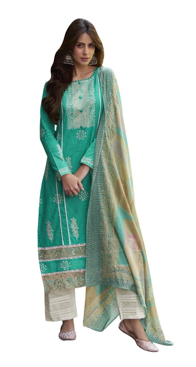 DRAVINAM Trends Women Pure Lawn Camric Digital Print Heavy Shifli Lace and Daman Heavy Embroidery Unstitched Suit Dress Material with Cotton Dupatta