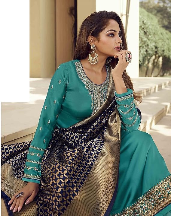 DRAVINAM Trends Women's Satin Georgette Unstitched Embroidered Chudidaar Salwar Suit dress Material with Heavy Pure Banarasi Meena Jacquard silk Dupatta (Free size_Blue and Firozee)