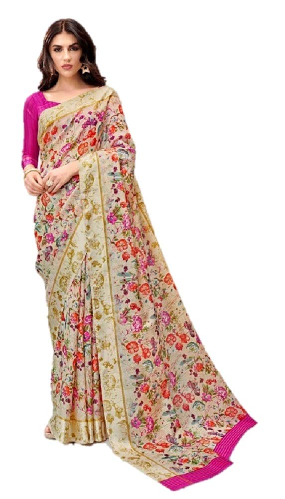 DRAVINAM Trends Women's Linen Cotton Saree with Self Printed Blouse Piece (Pink)