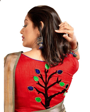 DRAVINAM Trends Women's Khadi Linen Saree With Un-stitched Blouse (SareePe_9_Grey & Red)