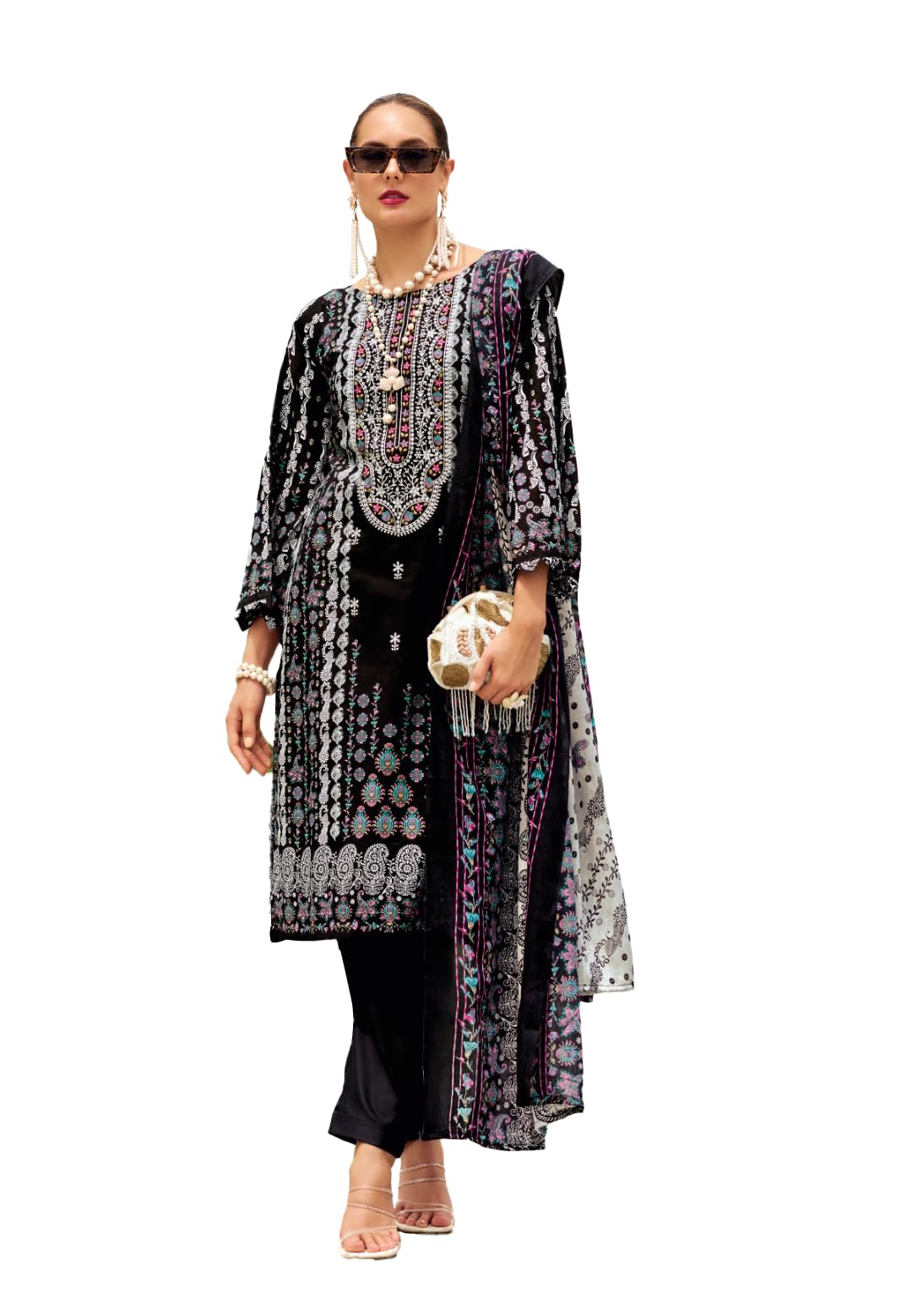 DRAVINAM Trends Kurti 2.50 mtrs, Pure Cotton (3 mtrs apx), Pure MAL MAL Cotton Dupatta Digital Print|Black 1