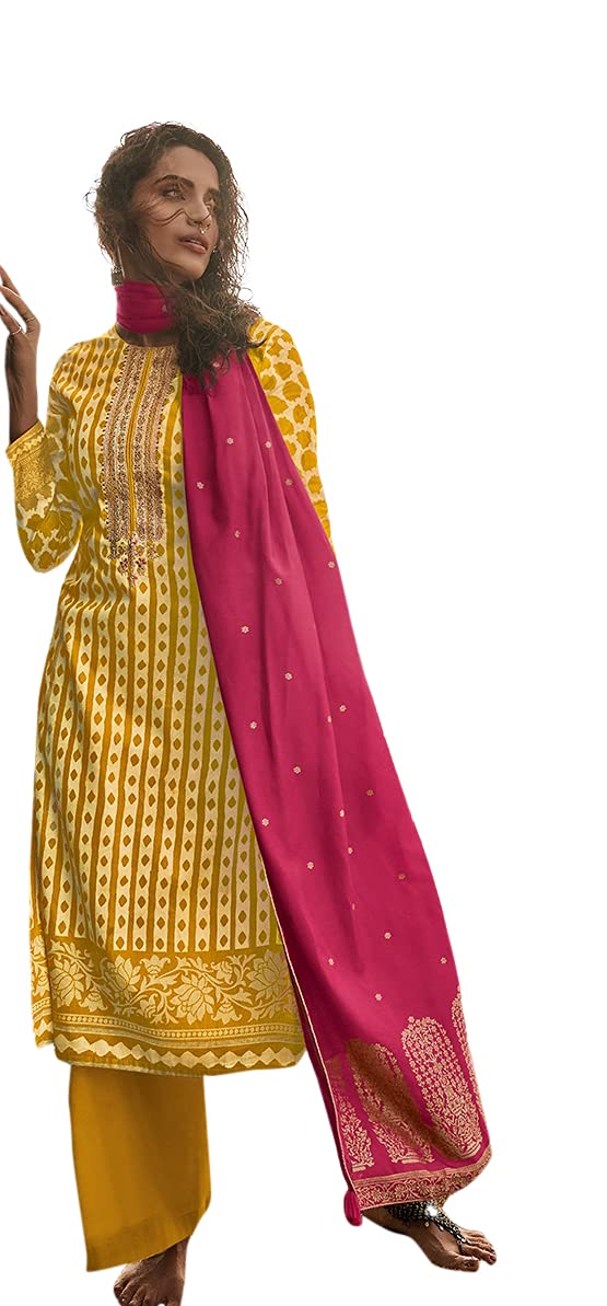 DRAVINAM Trends Women's winter wear digital Printed Pure Woollen Pashmina Salwar Suit Dress Material with Shawl Dupatta (Yellow)