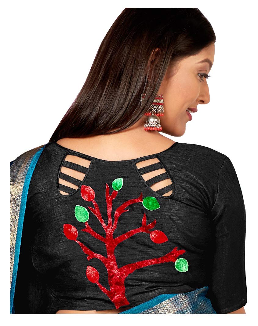 DRAVINAM Trends Women's Khadi Linen Saree With Un-stitched Blouse (SareePe_4_Blue & Black)