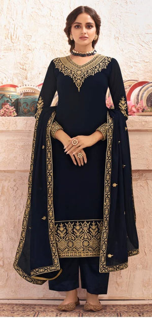 DRAVINAM Trends Women's Heavy Embroidered Pure Georgette Unstitched Chudidar Dress Material with Georgette Embroidered Dupatta (Free size_Navy Blue)