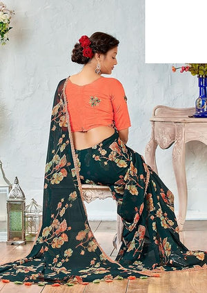 DRAVINAM Trends Women's Pure georgette Bandhani Print saree with Lace Borders and Solid Blouse Piece (Black)