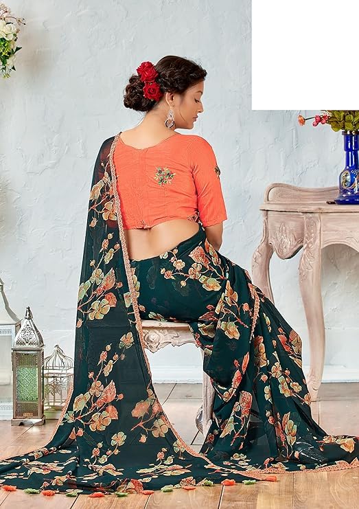 DRAVINAM Trends Women's Pure georgette Bandhani Print saree with Lace Borders and Solid Blouse Piece (Black)
