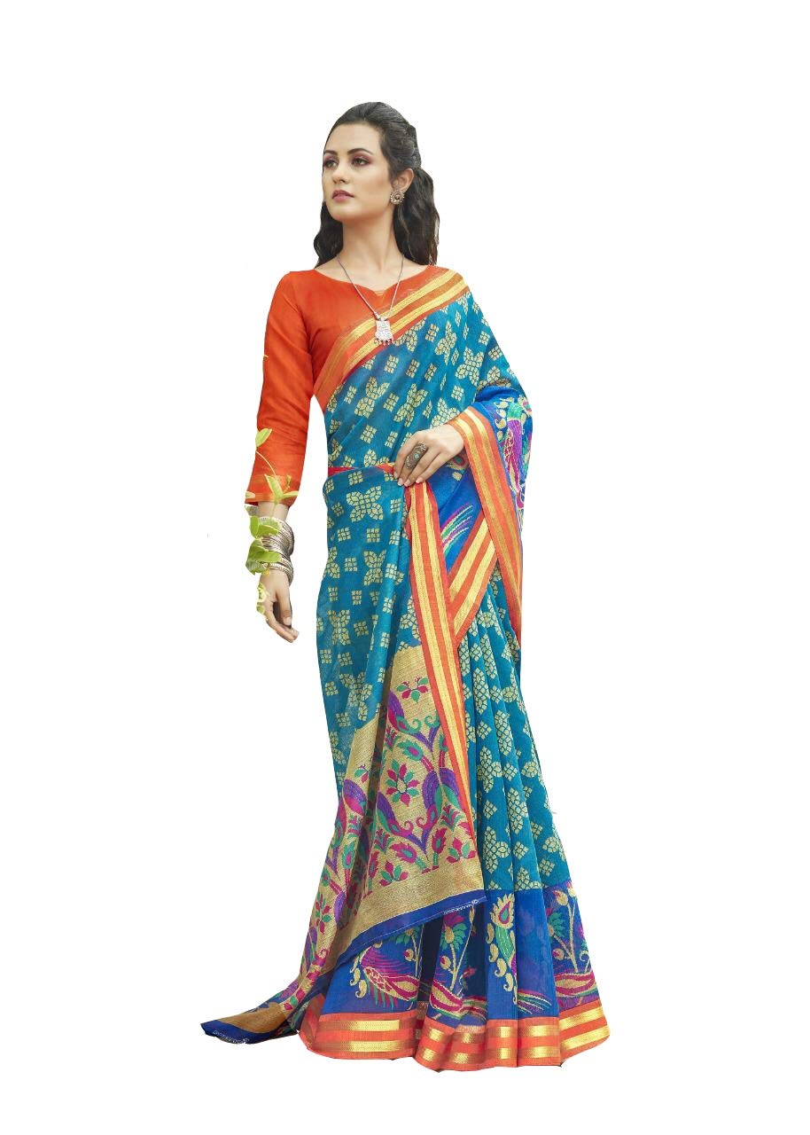 DRAVINAM Trends Women's Cotton Blend Saree With Blouse Piece (ShCh_1_Orange & Blue)