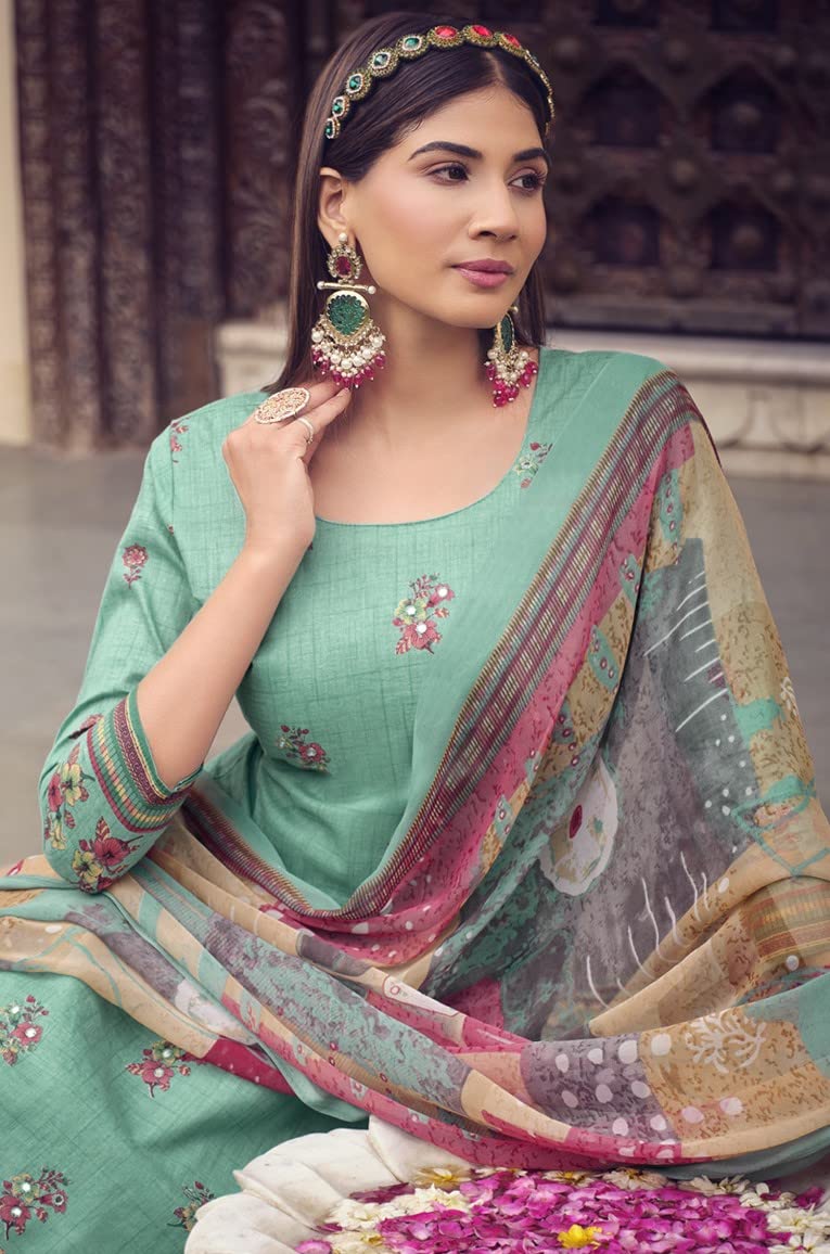 DRAVINAM Trends Unstitched Printed Mirror Work Cotton Salwar Suits Dress Material with Chiffon Dupatta (Green)