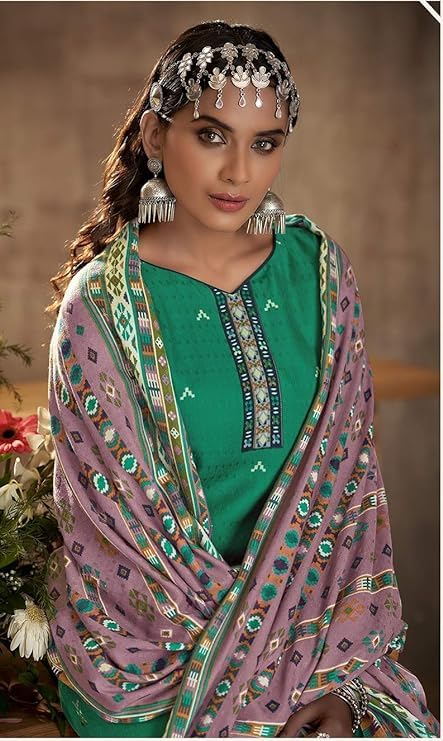 DRAVINAM Trends Women's Bandhani Printed Embroidered Woollen Pashmina Salwar Suit Dress Material with Shawl Dupatta (Green and Mauve)