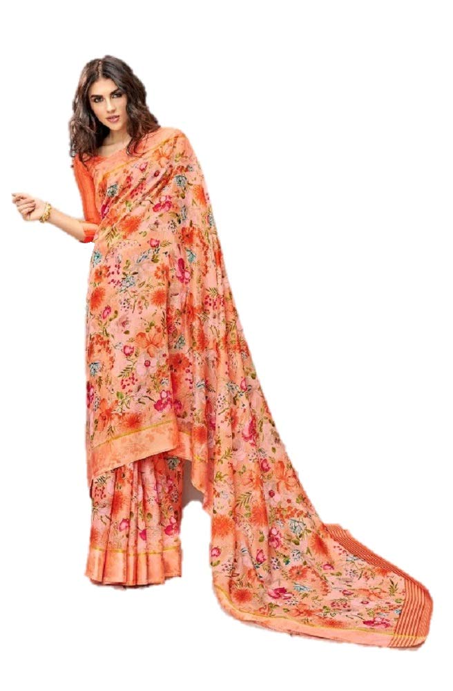 DRAVINAM Trends Women's Linen Cotton Saree with Self Printed Blouse Piece (Peach)