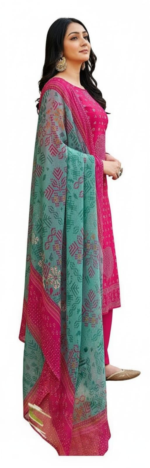 DRAVINAM Trends Women's Unstitched Salwar Suit Dress Material - Pure Cotton Print with Mirror Work Kameez | Plain Bottom |Chiffon Print Dupatta
