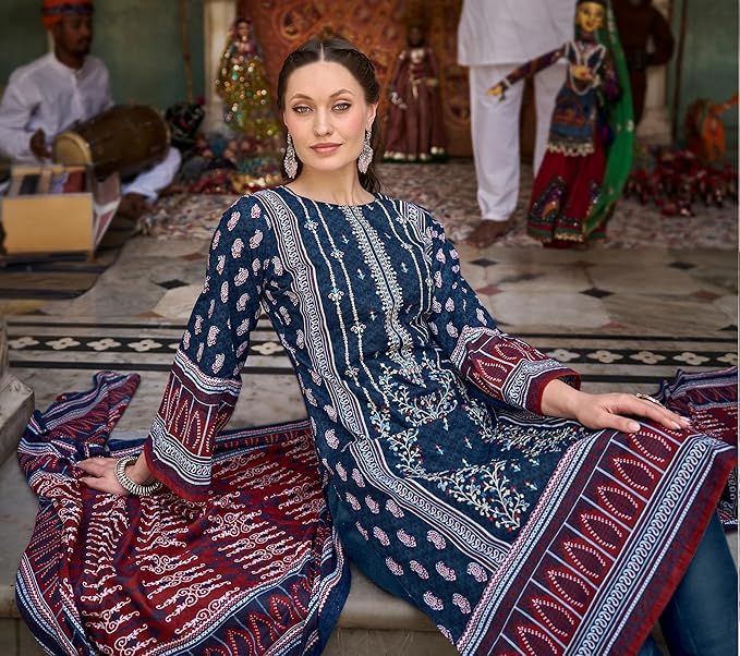 DRAVINAM Trends Unstitched Karachi Lawn Cotton Pakistani Digital Printed Embroidered Suit Dress Material with Unstitched Bottoms and Cotton Dupatta