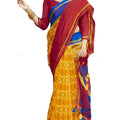 DRAVINAM Trends Women's Soft Jute Linen Printed Saree with Self printed Blouse Piece (Yellow and Red)
