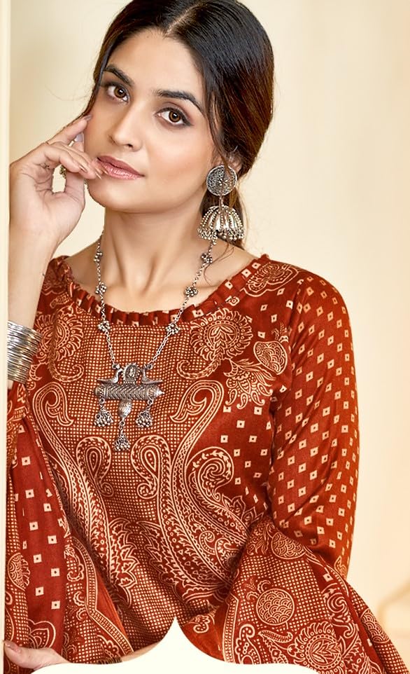 DRAVINAM Trends Women Unstitch Printed Pashmina Suit Dress Material I Digital style Printed Pashmia Top| Pure Pashmina Spun Dyed Bottoms | Luxurious Pure Woolen Shawl Dupatta with Piko work