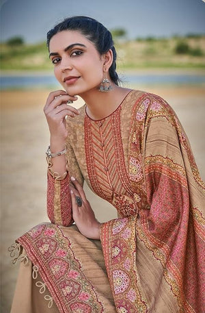 DRAVINAM Trends Women's Unstitched Winter Wear Woollen Pashmina Embroidered Salwar Suit Dress Material with Pashmina Printed Shawl Dupatta (Free size_Beige)