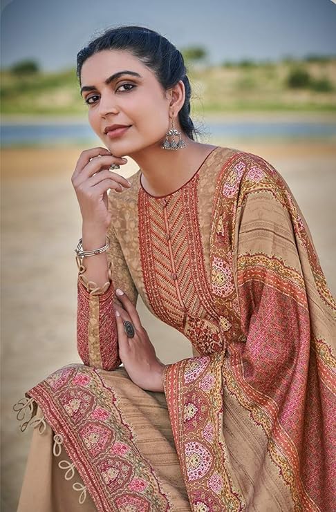DRAVINAM Trends Women's Unstitched Winter Wear Woollen Pashmina Embroidered Salwar Suit Dress Material with Pashmina Printed Shawl Dupatta (Free size_Beige)