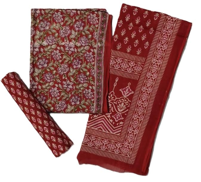 DRAVINAM Trends Jaipuri Sanganari Print Cambric Cotton Unstitched Salwar Suit Dress Material for Women with Mulmul Cotton Dupatta