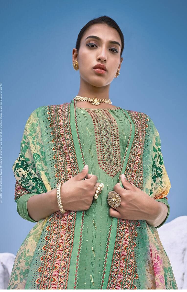 DRAVINAM Trends Women's Pure Musline Embroidery work Unstitched Salwar Suit Material with Pure Muslin Digital Print Sequence work Dupatta (Free size_Grey)