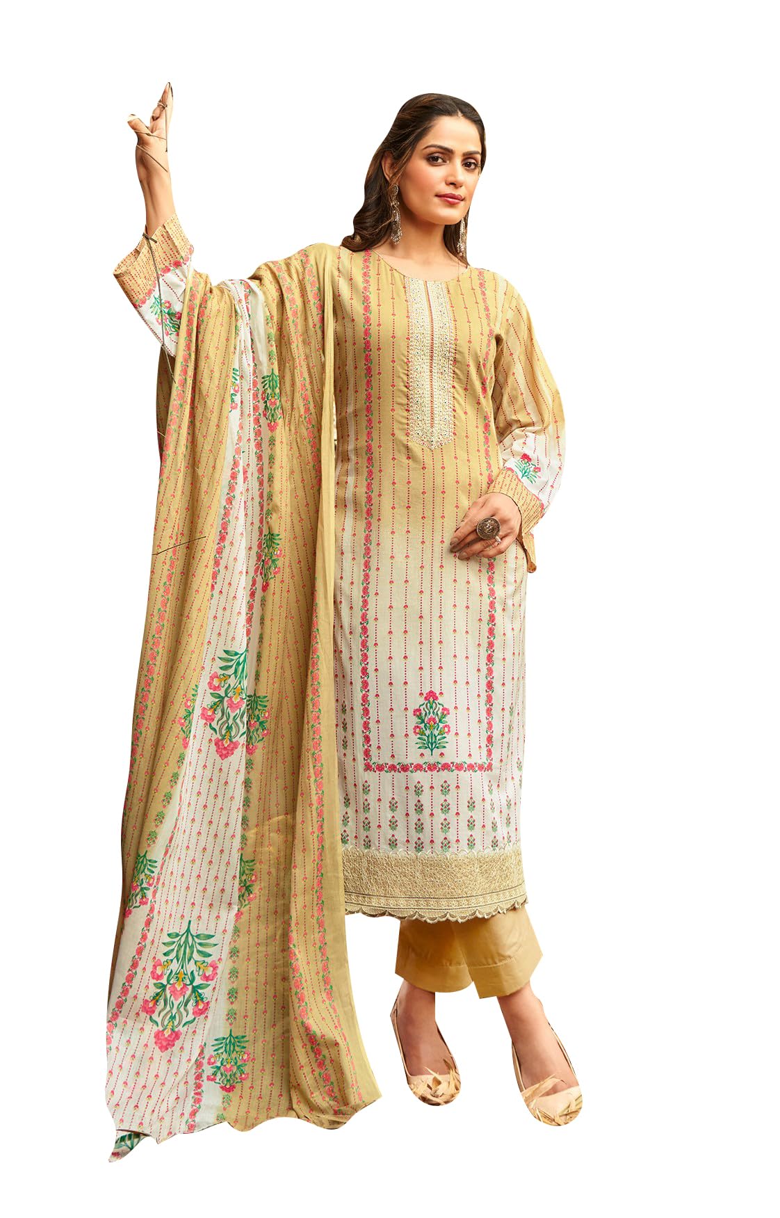 DRAVINAM Trends Unstitched Pure Lawn Camric Digital Print Neck and Daman Heavy Cutwork Embroidery Ladies Salwar suit Material with Lawn Cotton dupatta